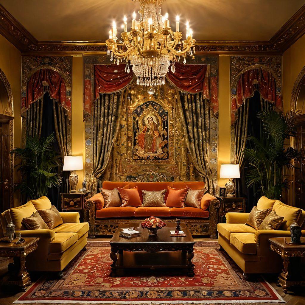 A lavish, opulent throne room bathed in golden light, adorned with intricate tapestries depicting ancient sovereigns and sultans. Plush velvet cushions scattered around, hinting at an inviting atmosphere of indulgence and pleasure. Subtle motifs representing adult entertainment elegantly woven into the decor, blending royal elegance with modern allure. Include silhouettes of glamorous figures engaged in playful activities, emphasizing a fusion of history and contemporary adult themes. super-realistic. vibrant colors. dramatic lighting.
