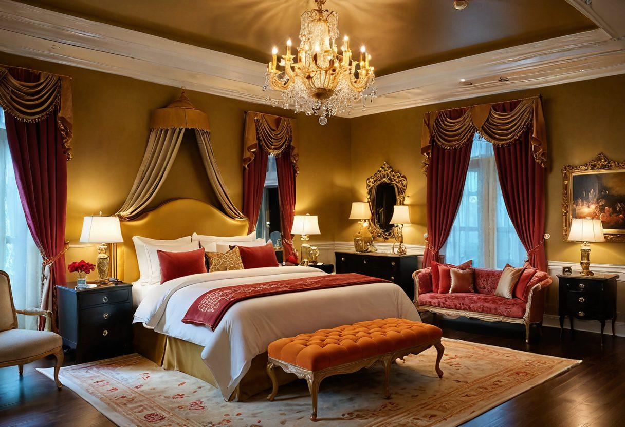 An opulent bedroom setting filled with luxurious pillows and soft fabrics, accented by golden chandeliers casting warm light. Playful silhouettes of couples engaging in laughter and flirtation, surrounded by elegant decor that combines regal elements with a whimsical touch. A hint of vibrant colors to evoke cheerfulness and intimacy, enhancing the exclusive nature of the content. super-realistic. vibrant colors. warm lighting.